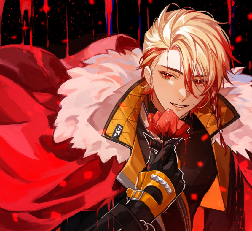 1boy alternate_eye_color ambiguous_red_liquid axel_syrios black_background black_gloves black_jacket black_shirt blonde_hair braid cape commentary crescent_(cgcrescent) english_commentary flower fur-trimmed_cape fur_trim gloves hair_between_eyes highres holding holding_flower holostars holostars_english jacket leash looking_at_viewer male_focus multicolored_hair parted_lips queen_(vocaloid) red_cape red_eyes red_flower red_hair red_rose rose shirt short_hair side_braid smile solo streaked_hair turtleneck upper_body virtual_youtuber