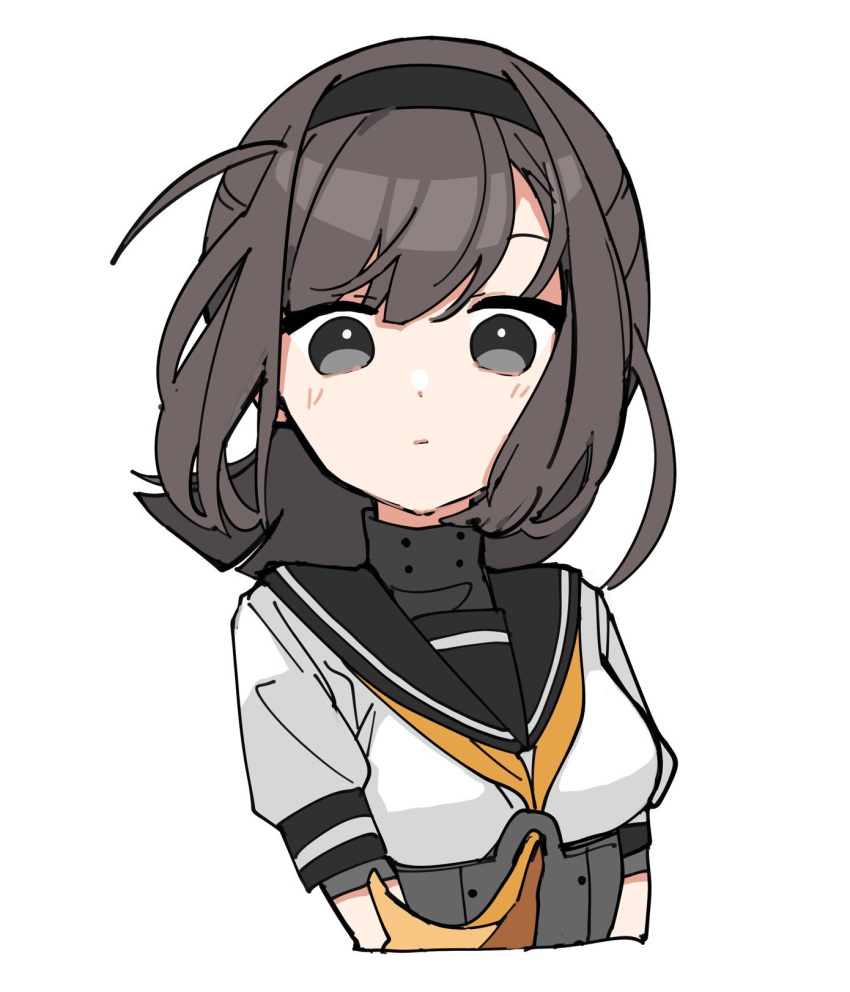 1girl akizuki_(kancolle) brown_hair closed_mouth grey_eyes highres kantai_collection looking_at_viewer neckerchief no_headgear orange_neckerchief sayuwan school_uniform serafuku short_hair short_sleeves simple_background solo upper_body white_background