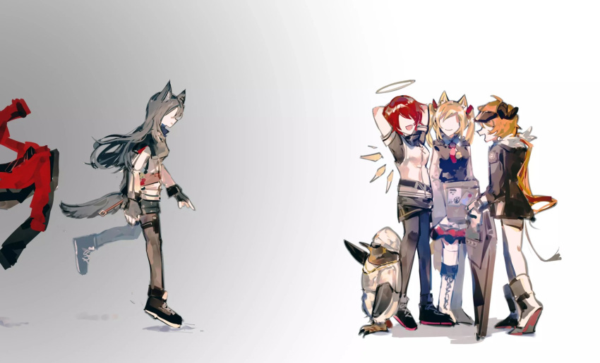 1other 4girls animal_ear_fluff animal_ears arknights arms_behind_head bird black_capelet black_gloves black_hair black_jacket black_shorts blonde_hair capelet commentary_request croissant_(arknights) detached_wings energy_wings exusiai_(arknights) fingerless_gloves fur-trimmed_jacket fur_trim gloves halo highres jacket long_hair multiple_girls open_mouth pantyhose penguin penguin_logistics_(arknights) raglan_sleeves red_hair shorts sora_(arknights) texas_(arknights) the_emperor_(arknights) thigh_strap twintails visor_cap white_jacket wings wolf_ears wolf_girl youyu_tian