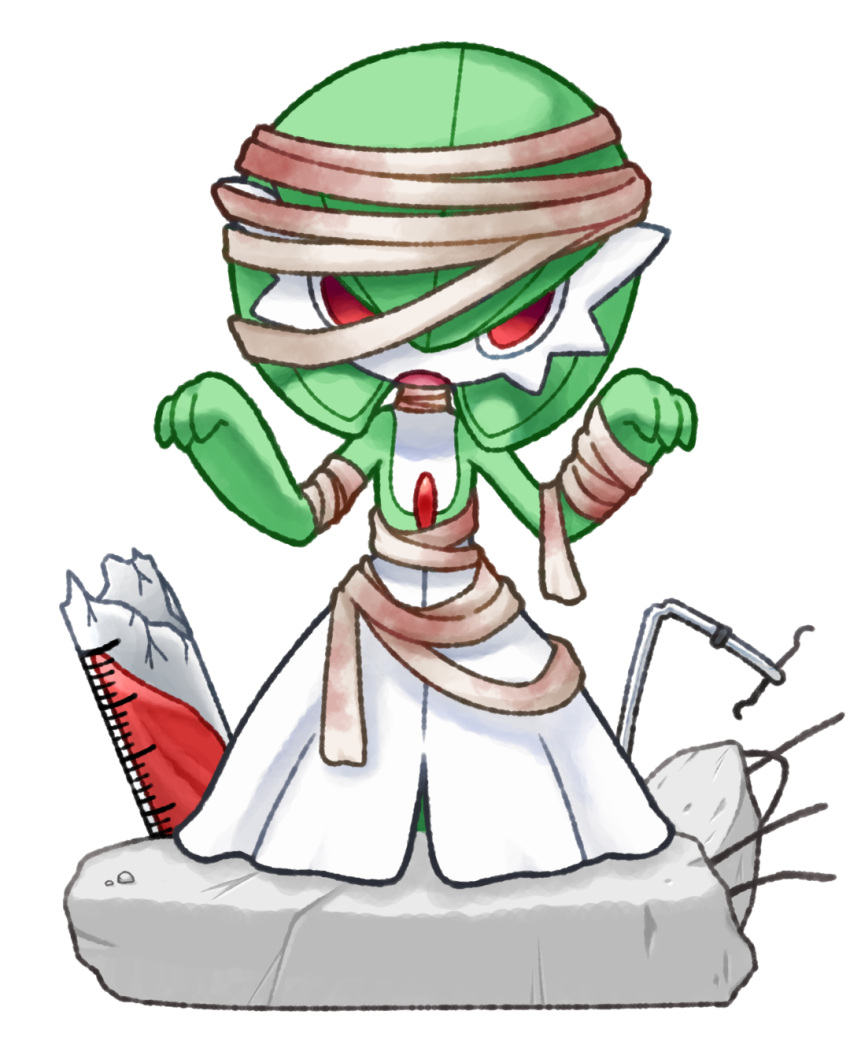 1girl bandages blood blood_stain chibi costume dress gardevoir green_hair halloween halloween_costume highres hollow_eyes long_dress muguet mummy_costume no_feet pokemon red_eyes solo syringe