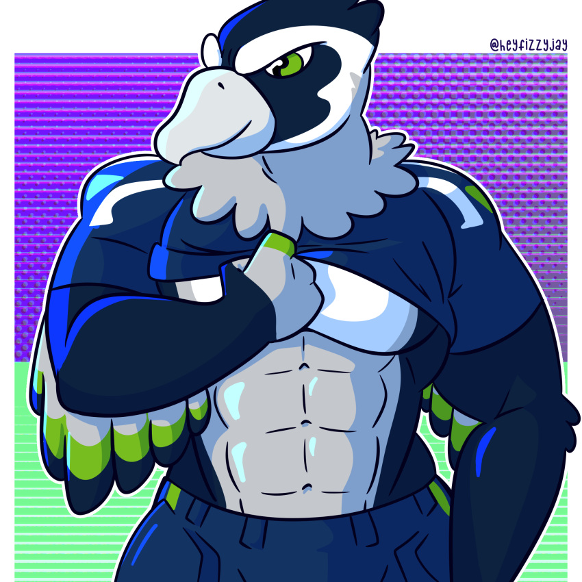 abs accipitrid accipitriform anthro avian biceps bird blitz_the_seahawk bottomwear clothed clothing clothing_lift feathers fizzyjay green_eyes grey_body grey_feathers hi_res jersey looking_aside male mascot muscular muscular_anthro muscular_male neck_tuft nfl pants pecs seattle_seahawks shirt shirt_lift smile solo topwear tuft