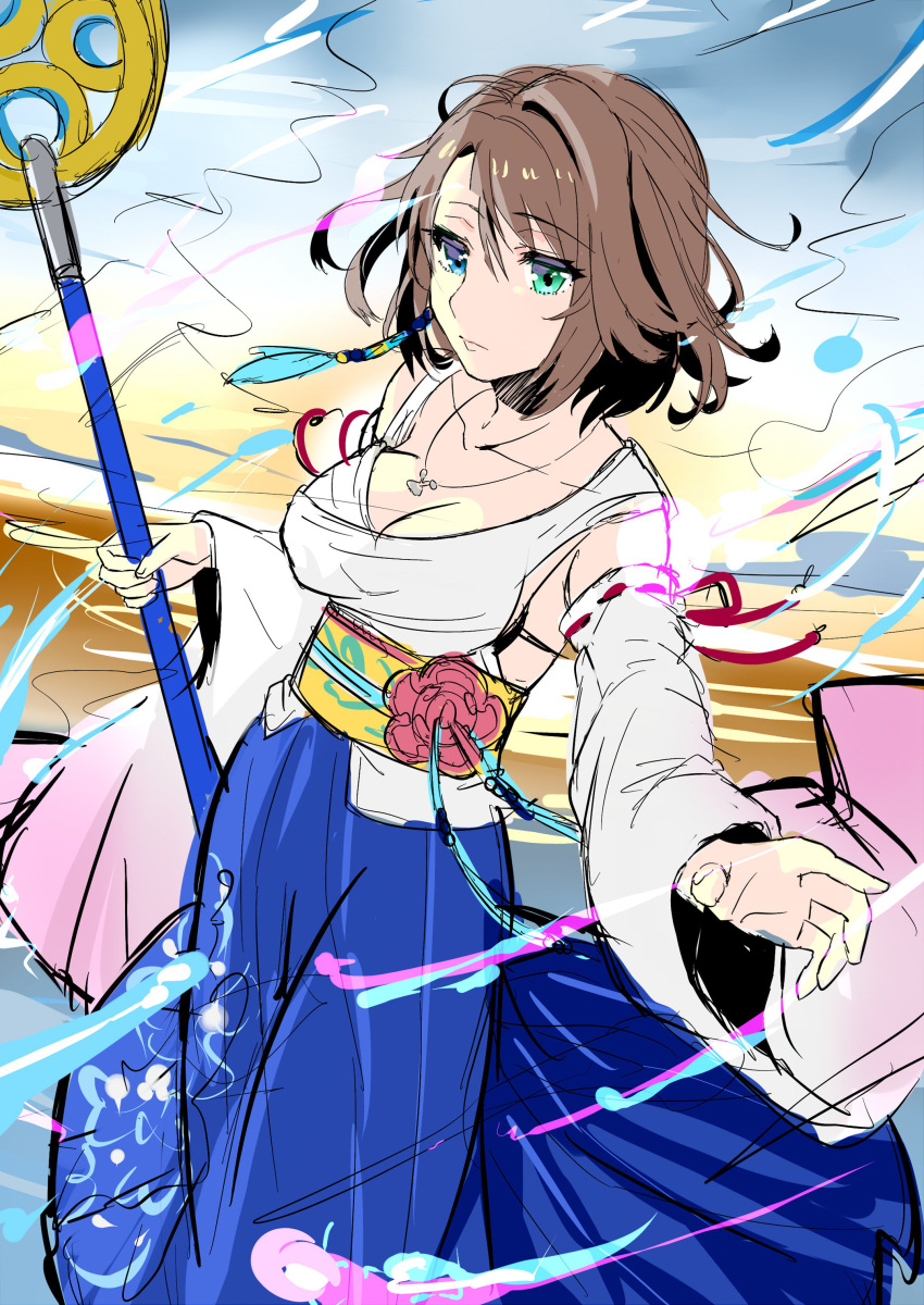 1girl absurdres blue_eyes breasts brown_hair cleavage closed_mouth detached_sleeves final_fantasy final_fantasy_x green_eyes hair_ornament hakama hakama_skirt heterochromia highres holding japanese_clothes jewelry looking_at_viewer necklace short_hair skirt solo staff uzura_(moimoi) yuna_(ff10)