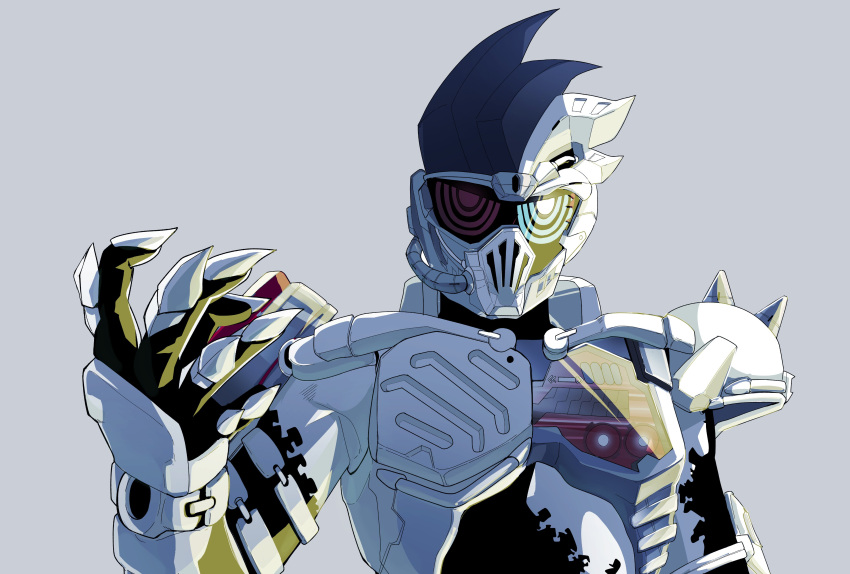 1boy absurdres armor black_bodysuit black_hair blue_eyes bodysuit commentary_request dangerous_zombie_level_x evil foreshortening grey_background heterochromia highres kamen_rider kamen_rider_ex-aid_(series) kamen_rider_genm light light_rays looking_at_viewer male_focus multicolored_bodysuit multicolored_clothes open_hand orion pov red_eyes shoulder_spikes simple_background spiked_hair spikes sunbeam sunlight upper_body white_armor white_bodysuit white_hair zombie