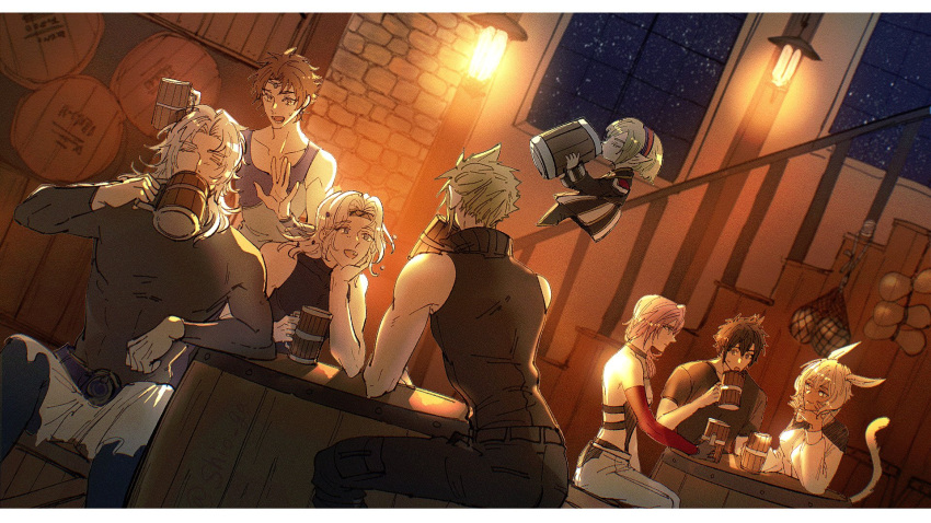 3girls 5boys animal_ears barrel black_hair blonde_hair brown_hair butz_klauser cat_ears cat_tail cecil_harvey cloud_strife dissidia_final_fantasy drinking final_fantasy final_fantasy_i final_fantasy_iv final_fantasy_v final_fantasy_vii final_fantasy_xi final_fantasy_xiii final_fantasy_xiv final_fantasy_xv grey_hair highres lightning_farron miqo'te multiple_boys multiple_girls noctis_lucis_caelum pink_hair pointy_ears shantotto shio_ga shirt spiked_hair table tail tank_top tankard tarutaru warrior_of_light white_hair window y'shtola_rhul