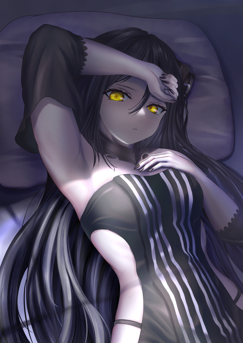 1girl absurdres android armpits artist_request bed black_hair black_nails breasts commentary detached_sleeves dreamer_(girls'_frontline) expressionless eyelashes girls'_frontline highres long_hair looking_at_viewer lying medium_breasts nail_polish on_back on_bed pale_skin pillow revealing_clothes sangvis_ferri waking_up yellow_eyes