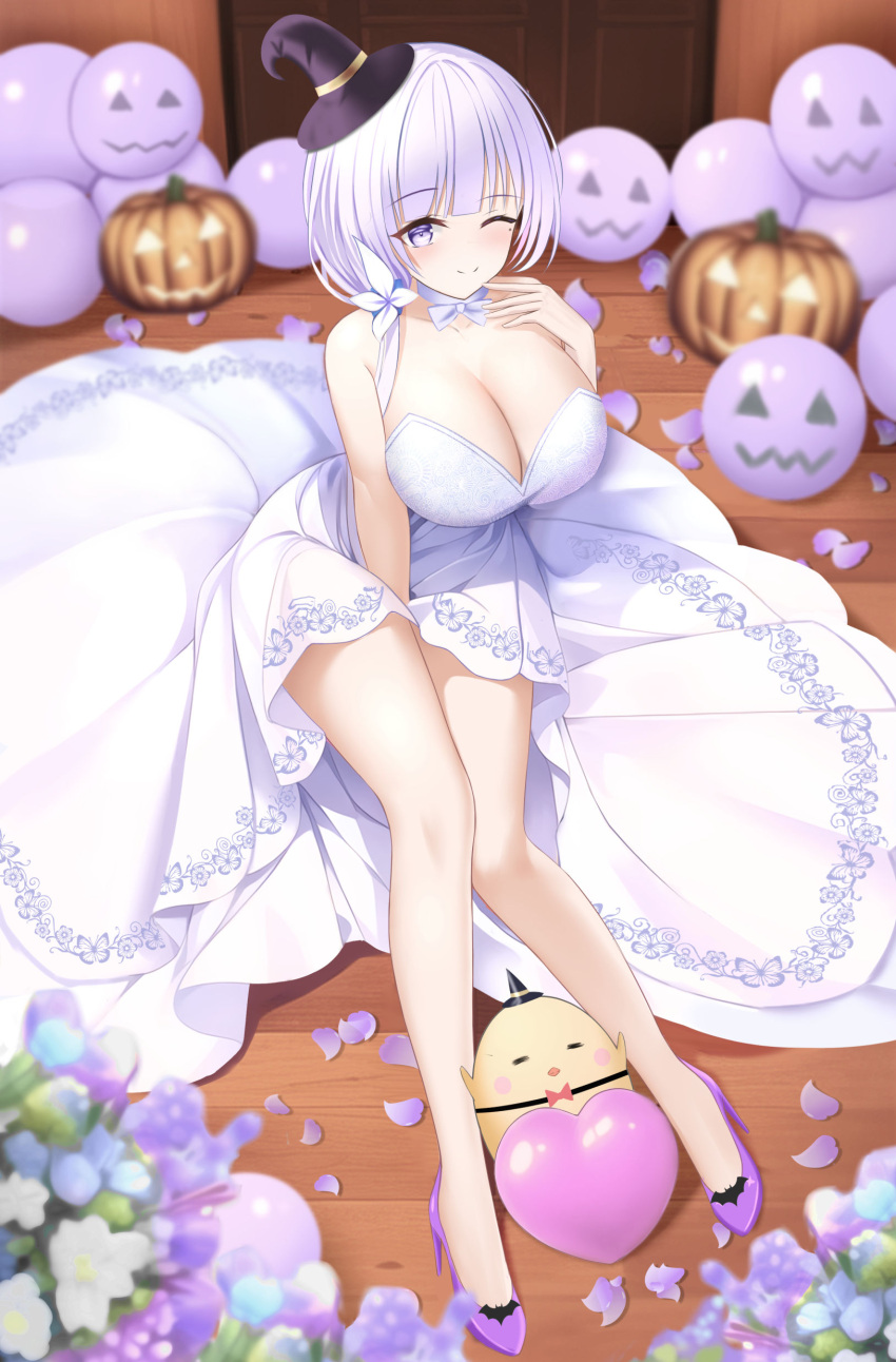 1girl absurdres alternate_costume azur_lane blue_eyes breasts cleavage dress flower full_body hair_ornament halloween halloween_bucket hat highres huge_breasts illustrious_(azur_lane) long_dress long_hair looking_at_viewer manjuu_(azur_lane) mini_hat one_eye_closed petals solo tina_(tinafya) very_long_hair white_flower white_hair white_theme witch_hat