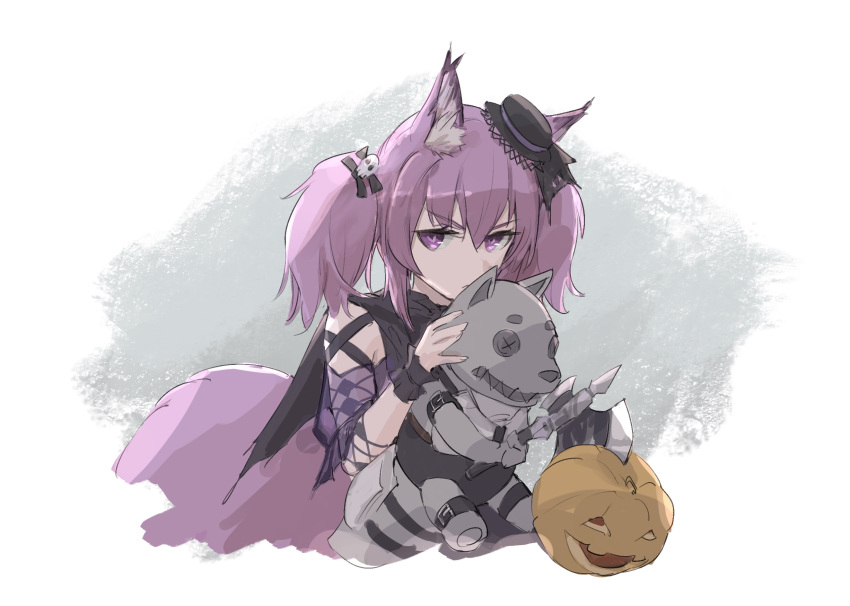 1girl animal_ear_fluff animal_ears arknights axe bangs black_headwear e-bushi hair_between_eyes hat highres holding holding_axe jack-o'-lantern looking_at_viewer mini_hat purple_eyes purple_hair shamare_(arknights) solo stuffed_animal stuffed_dog stuffed_toy tail twintails v-shaped_eyebrows wrist_cuffs