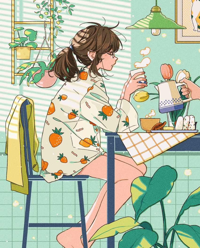 1girl 1other barefoot bowl brown_hair calico chair closed_eyes cup day facing_to_the_side feet_out_of_frame food from_side glasses hanging_light highres holding holding_cup indoors keishin kettle light_particles long_sleeves messy_hair morning onigiri original out_of_frame pajamas picture_(object) picture_frame plant plate ponytail potted_plant profile sausage short_hair shorts sitting solo_focus steam table tile_wall tiles vase vines window_shade