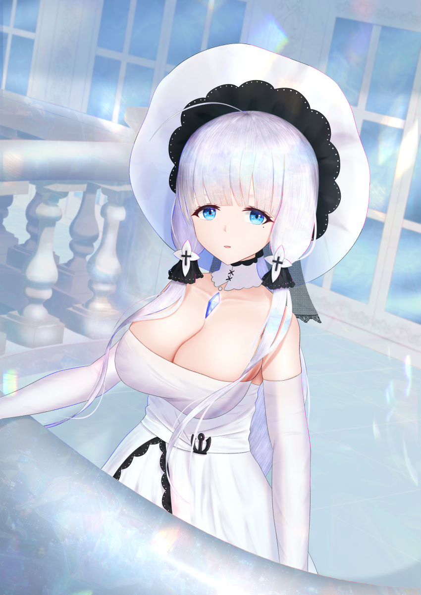 1girl absurdres azur_lane blue_eyes blue_gemstone breasts cleavage detached_collar dress elbow_gloves gem gloves hat highres illustrious_(azur_lane) lace_trim large_breasts looking_at_viewer mole mole_under_eye sawtooth solo strapless strapless_dress sun_hat tri_tails white_dress white_gloves white_hair white_headwear