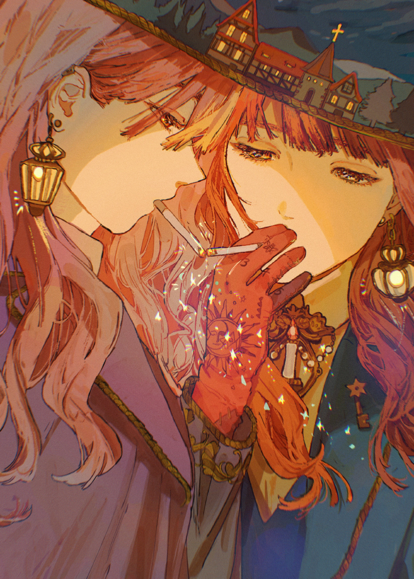 2girls absurdres bangs brown_hair building candle cigarette_kiss commentary_request cross eyelashes fireworks gloves hair_behind_ear half-closed_eyes hand_up hat highres key lantern lantern_earrings long_hair long_sleeves looking_away moon_(symbol) mouth_hold multiple_girls night night_sky original pine_tree portrait profile qooo003 red_eyes red_gloves red_hair sky smoking sparkler sun_symbol surreal tree