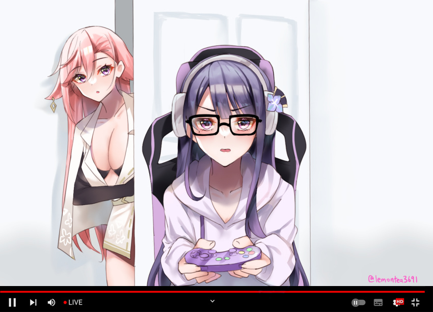 2girls breasts chair cleavage controller game_controller gaming_chair genshin_impact glasses headphones holding holding_controller holding_game_controller lemon_t livestream mole mole_under_eye multiple_girls open_door parted_lips pink_hair purple_eyes purple_hair raiden_shogun sitting twitter_username yae_miko