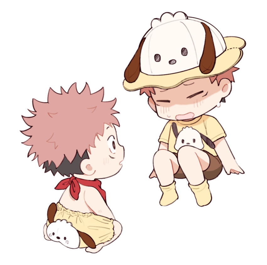 1boy aged_down animal_ear_headwear animal_ears black_hair brown_shorts character_hat character_print child closed_eyes fake_animal_ears full_body hat highres itadori_yuuji jujutsu_kaisen male_child male_focus multiple_views neckerchief open_mouth pink_hair pochacco print_shorts red_neckerchief sanrio shirt short_hair short_sleeves shorts simple_background sitting socks spiked_hair tootigee topless_male undercut white_background yellow_shirt yellow_shorts yellow_socks