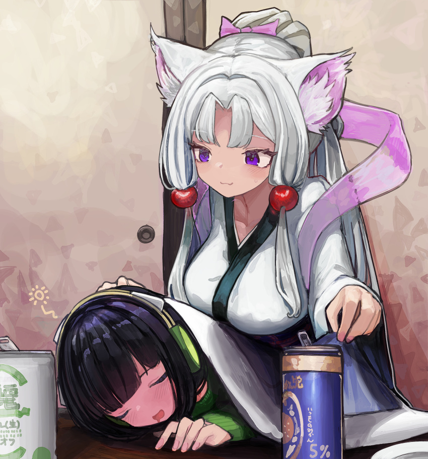 2girls :3 absurdres animal_ear_fluff animal_ears bangs black_hair blanket blush bow breasts can closed_eyes closed_mouth drooling fingernails fox_ears fox_girl full-face_blush hagoromo hair_bobbles hair_bow hair_intakes hair_ornament headphones highres japanese_clothes kimono kyoumachi_seika large_breasts long_hair long_sleeves microa multiple_girls open_mouth pink_bow purple_eyes see-through shawl short_hair sleeves_past_wrists smile touhoku_itako tucking_in voiceroid white_hair white_kimono wide_sleeves