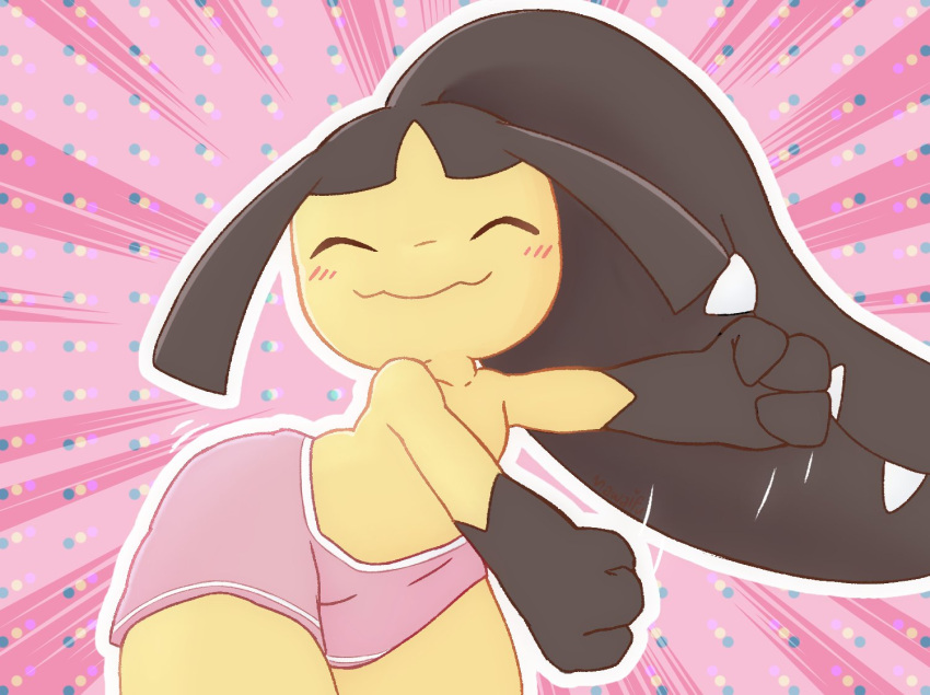 2022 3_fingers ambiguous_gender anthro bangs black_body black_hair black_skin blush bottomwear clothed clothing eyes_closed fingers generation_3_pokemon gloves_(marking) hair hair_mouth markings mawaifu mawile motion_lines nintendo outline parted_bangs pattern_background pink_background pink_bottomwear pink_clothing pink_shorts pokemon pokemon_(species) portrait pseudo_hair sharp_teeth shorts simple_background smile solo teeth three-quarter_portrait topless video_games white_outline yellow_body yellow_skin