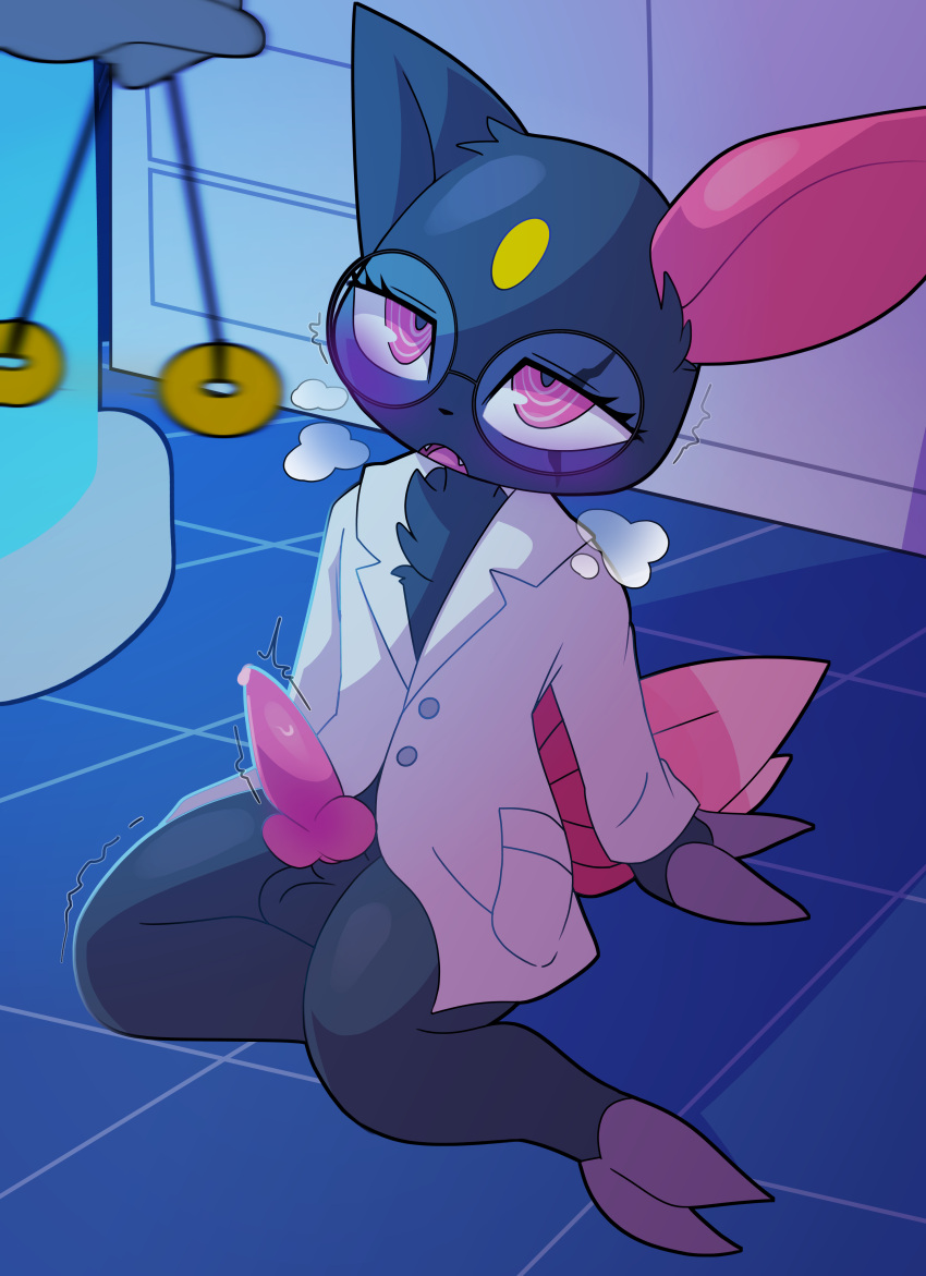 absurd_res batruse breath_cloud claws clothing coat eyewear feral generation_2_pokemon glasses hi_res hypnosis knot lab_coat laboratory male mind_control nintendo on_ground pendulum pokemon pokemon_(species) scientist scraner sneasel solo topwear video_games