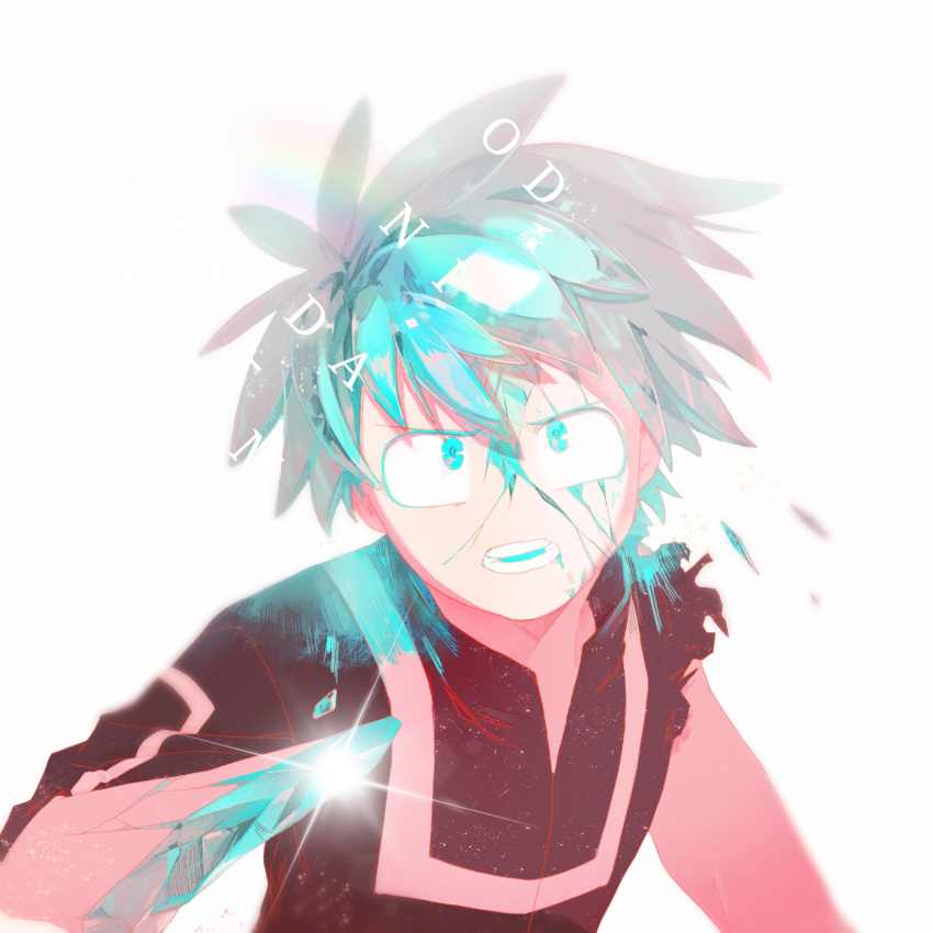 1boy amputee aqua_eyes aqua_hair asymmetrical_sleeves bangs boku_no_hero_academia cracked_skin crystal crystal_hair glint hand_up highres houseki_no_kuni looking_at_viewer male_focus midoriya_izuku open_mouth parody portrait round_teeth shards short_hair simple_background solo sundaetail teeth torn_clothes torn_sleeves white_background