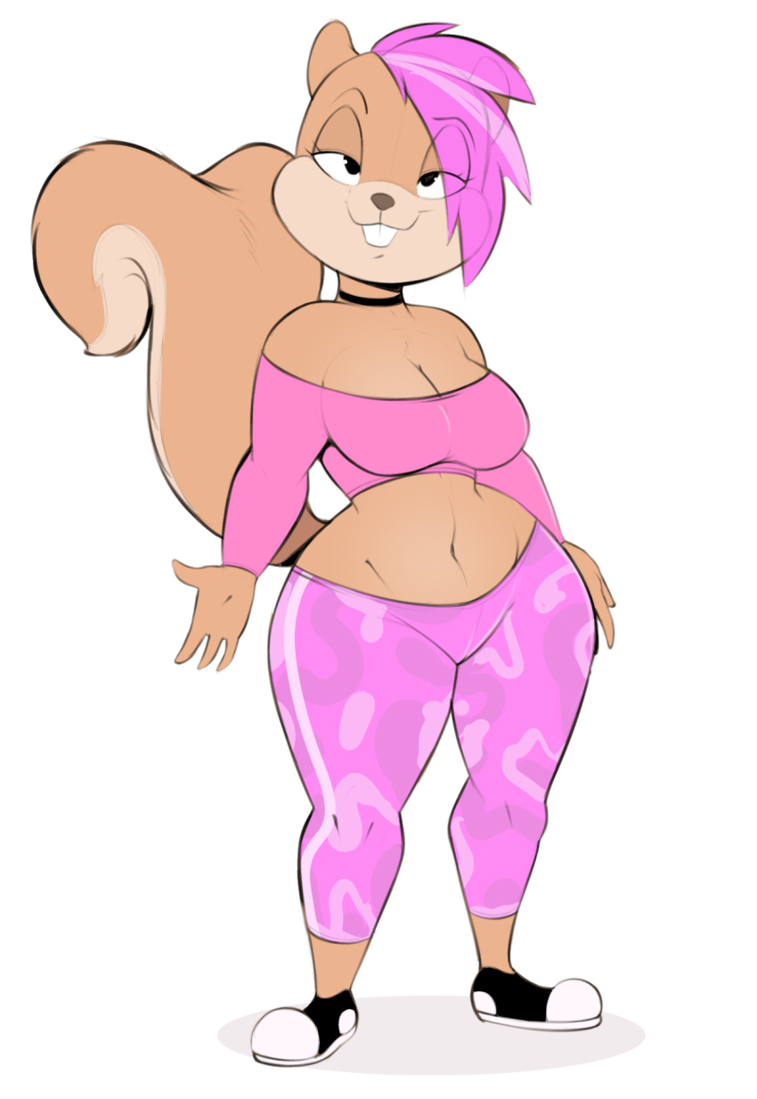 2022 anthro breasts brown_body brown_fur choker cleavage clothed clothing female footwear fur hair hi_res jewelry looking_at_viewer mammal midriff navel necklace pink_hair rodent sciurid shoes smile smiling_at_viewer solo standing usnarbit