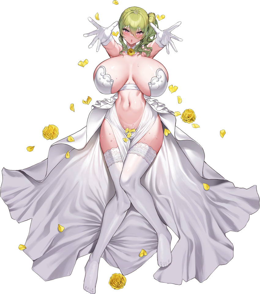 1girl armpit_peek blush breasts breasts_apart cleavage collar defeat detached_collar dress drill_hair erato_(last_origin) flower frills gloves green_hair heart heart-shaped_pupils highres huge_breasts kirome_(kamipaper) knees_together_feet_apart lace-trimmed_legwear lace_trim last_origin linea_alba long_skirt looking_at_viewer lying medium_hair navel neck_flower no_shoes official_alternate_costume official_art on_back open_clothes open_mouth open_skirt outstretched_arms pelvic_curtain petals ponytail purple_eyes revealing_clothes rose rose_petals shiny shiny_skin showgirl_skirt side_ponytail simple_background skindentation skirt solo strapless strapless_dress suggestive_fluid sweat symbol-shaped_pupils thighhighs thighs transparent_background twin_drills underwear wedding white_collar white_gloves white_skirt white_thighhighs wing_collar yellow_flower yellow_rose