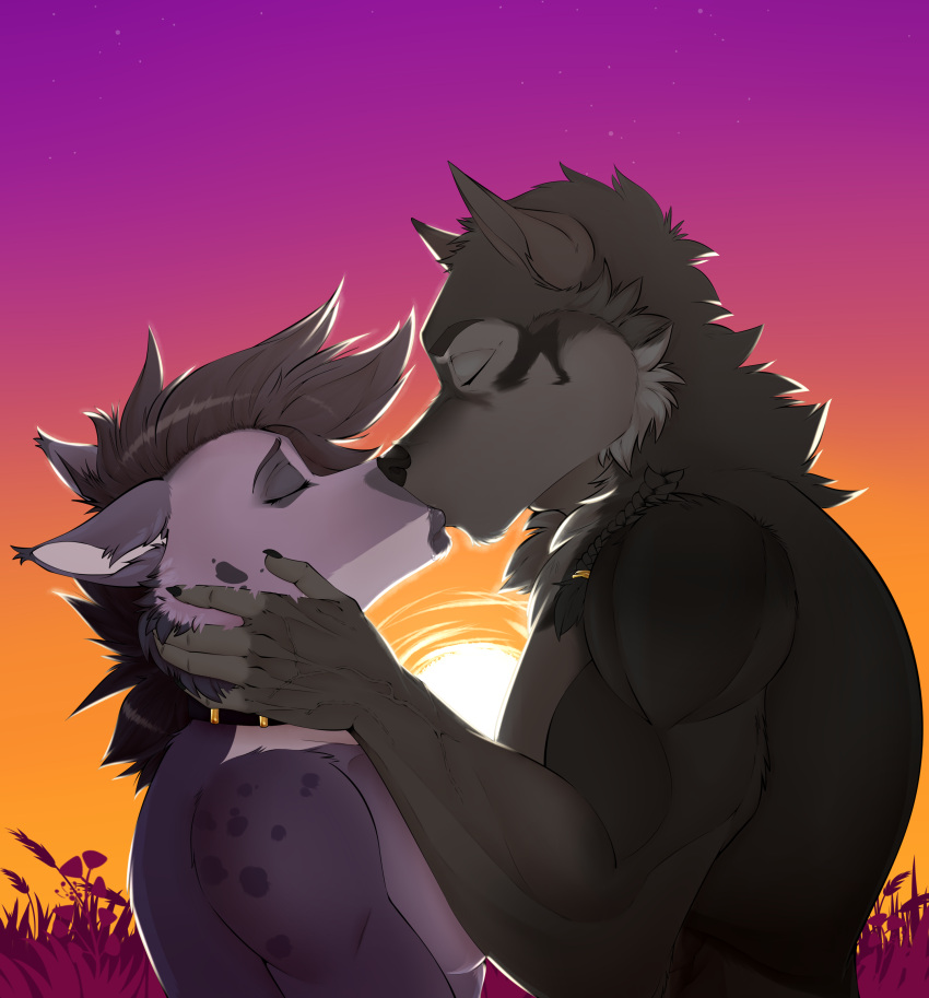 absurd_res anthro canid canine canis collar duo eyes_closed female guepardoxart hi_res hyaenid kissing male male/female mammal passionate passionate_kiss sunset wolf