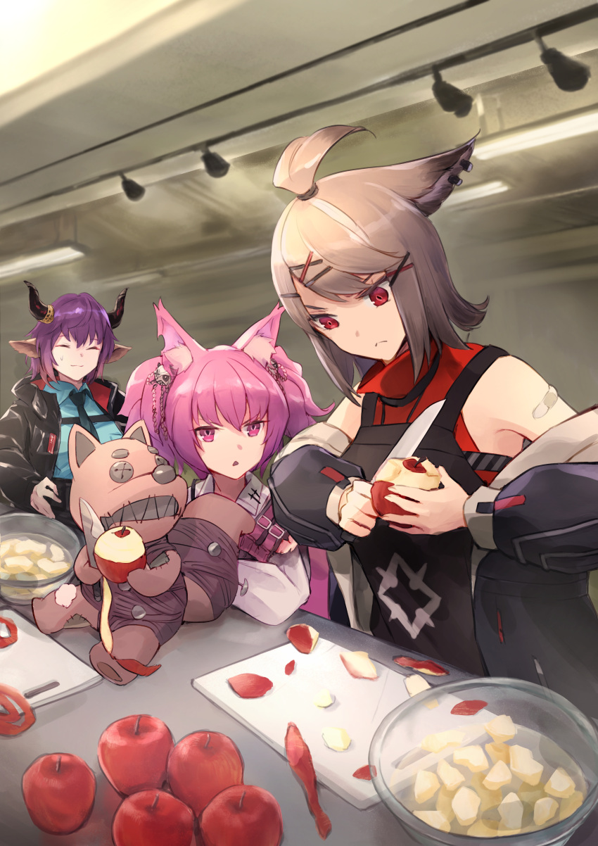 3girls absurdres animal_ear_fluff animal_ears apron arknights bandaid bandaid_on_arm bangs bare_shoulders black_apron black_jacket black_necktie blue_shirt bowl brown_hair character_request closed_eyes closed_mouth collared_shirt cutter_(arknights) cutting_board e-bushi ear_piercing hair_between_eyes hair_ornament hairclip highres holding holding_knife horns indoors jacket knife long_sleeves multiple_girls necktie off_shoulder open_clothes open_jacket peeling piercing puffy_long_sleeves puffy_sleeves purple_eyes purple_hair red_apron red_eyes red_shirt shamare_(arknights) shirt sideroca_(arknights) stuffed_animal stuffed_dog stuffed_toy white_shirt x_hair_ornament