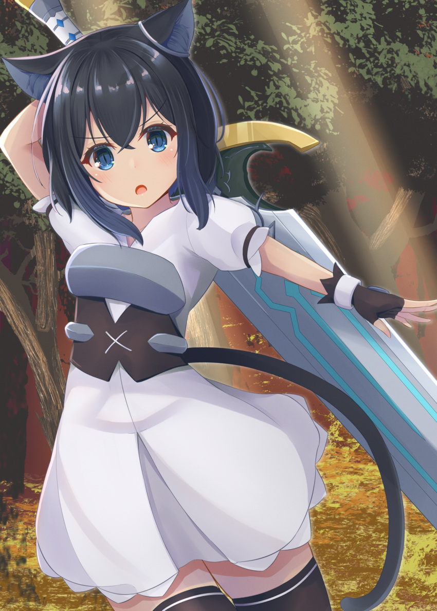 1girl :o animal_ear_fluff animal_ears arm_behind_back armor armored_dress bangs black_gloves black_hair black_tail black_thighhighs blue_eyes breastplate cat_ears cat_girl cat_tail crossed_bangs dress fantasy fingerless_gloves forest fran_(tensei_shitara_ken_deshita) gloves hair_between_eyes hair_ornament highres holding holding_sword holding_weapon jewelry living_weapon looking_at_viewer minakami_mimimi nature open_mouth ring shishou_(tensei_shitara_ken_deshita) short_hair short_sleeves slit_pupils solo standing sword sword_behind_back tail tensei_shitara_ken_deshita thighhighs weapon white_dress zettai_ryouiki