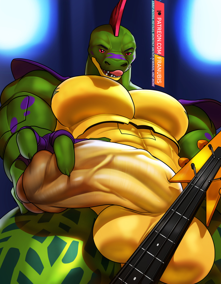 alligator alligatorid animatronic anthro balls concert crocodilian five_nights_at_freddy's five_nights_at_freddy's:_security_breach flaccid franubis genitals guitar hi_res looking_at_viewer machine male montgomery_gator_(fnaf) music musical_instrument penis plastic plucked_string_instrument reptile robot rock scalie scottgames solo string_instrument tongue vein video_games