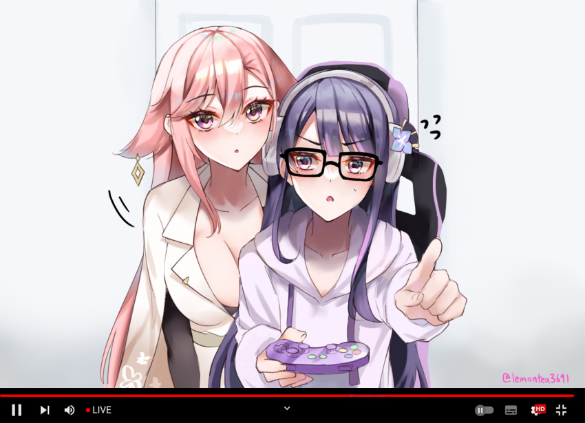 2girls breasts chair cleavage controller flying_sweatdrops game_controller gaming_chair genshin_impact glasses headphones holding holding_controller holding_game_controller lemon_t livestream looking_to_the_side mole mole_under_eye multiple_girls parted_lips purple_eyes raiden_shogun twitter_username yae_miko