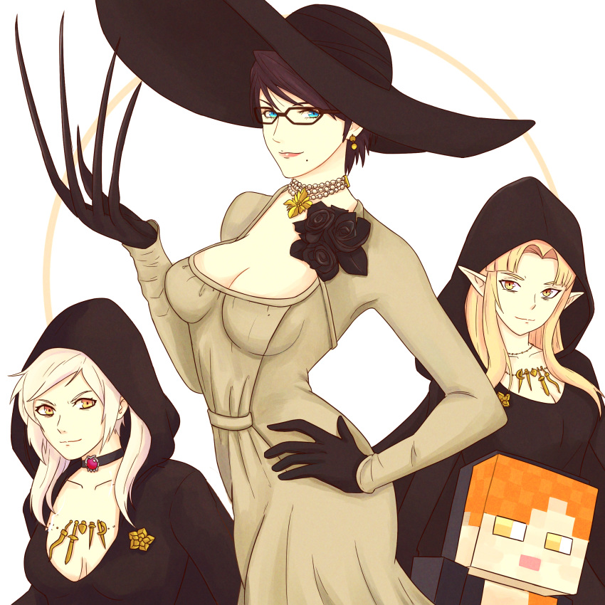 absurdres alcina_dimitrescu alcina_dimitrescu_(cosplay) alex_(minecraft) bayonetta bayonetta_(series) bayonetta_2 black_gloves black_hair black_headwear breasts claws cleavage cosplay dress earrings fire_emblem fire_emblem_awakening flower gloves hat highres hood jewelry large_breasts long_hair looking_at_viewer makeup minecraft multiple_girls necklace pale_skin pointy_ears princess_zelda resident_evil resident_evil_village robin_(fire_emblem) robin_(fire_emblem)_(female) short_hair simple_background super_smash_bros. the_legend_of_zelda the_legend_of_zelda:_a_link_between_worlds truejekart wavy_hair white_dress yellow_eyes