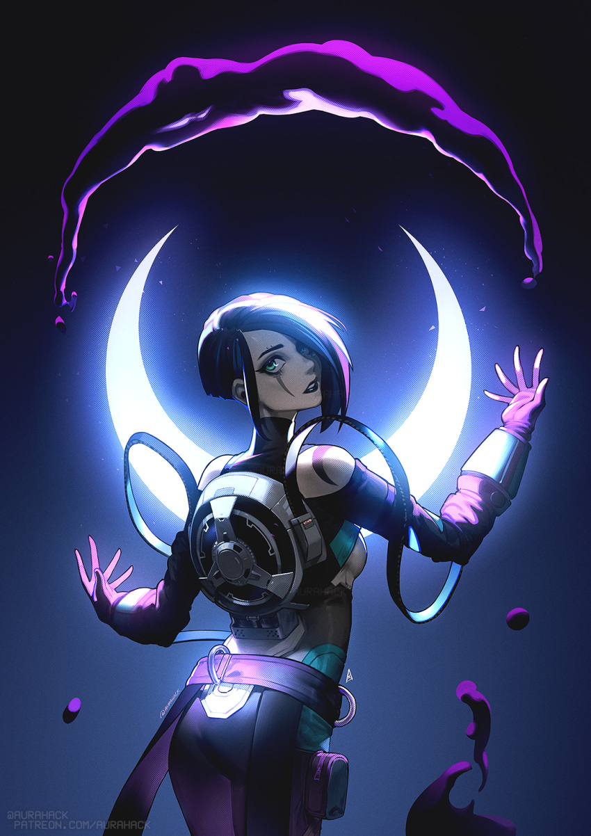 1girl apex_legends aurahack bangs black_eyeshadow black_hair black_lips blue_eyes blue_hair bodysuit breasts catalyst_(apex_legends) eye_piercing eyeshadow from_behind gloves head_tilt highres hydrokinesis looking_at_viewer looking_back makeup multicolored_bodysuit multicolored_clothes multicolored_hair short_hair small_breasts solo streaked_hair water