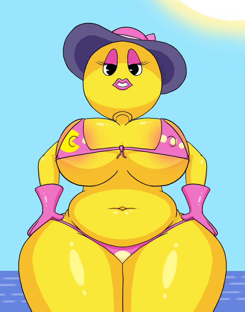 2022 accessory areola areola_slip bandai_namco beach bedroom_eyes belly big_breasts big_nipples bikini bikini_bottom bikini_top bimbo_lip black_eyes black_pupils blue_background blue_sky blue_water bow_ribbon breasts cleavage clothed clothing curvaceous curvy_figure day erect_nipples eyelashes eyeshadow female fingers front_view glistening glistening_arms glistening_belly glistening_body glistening_breasts glistening_clothing glistening_gloves glistening_handwear glistening_legs glistening_lips glistening_thighs gloves half-closed_eyes hand_on_hip hands_on_hips handwear hat hat_ribbon headgear headwear hi_res huge_breasts huge_hips huge_thighs humanoid legs_together lewdwario light lips lipstick looking_at_viewer looking_down low-angle_view makeup ms._pac-man narrowed_eyes navel nipple_outline nipples noseless not_furry outside pac-man_(series) pac-mom pattern_clothing pellet pink_bikini pink_clothing pink_eyeshadow pink_gloves pink_handwear pink_swimwear pose power_pellet pupils red_areola ribbons sea seaside seductive shaded shadow simple_background skimpy_bikini sky slightly_chubby small_bikini small_waist solo sun sun_hat sunlight swimwear teeth thick_lips thick_thighs tight_clothing tight_fit video_games voluptuous water wide_hips yellow_body yellow_skin