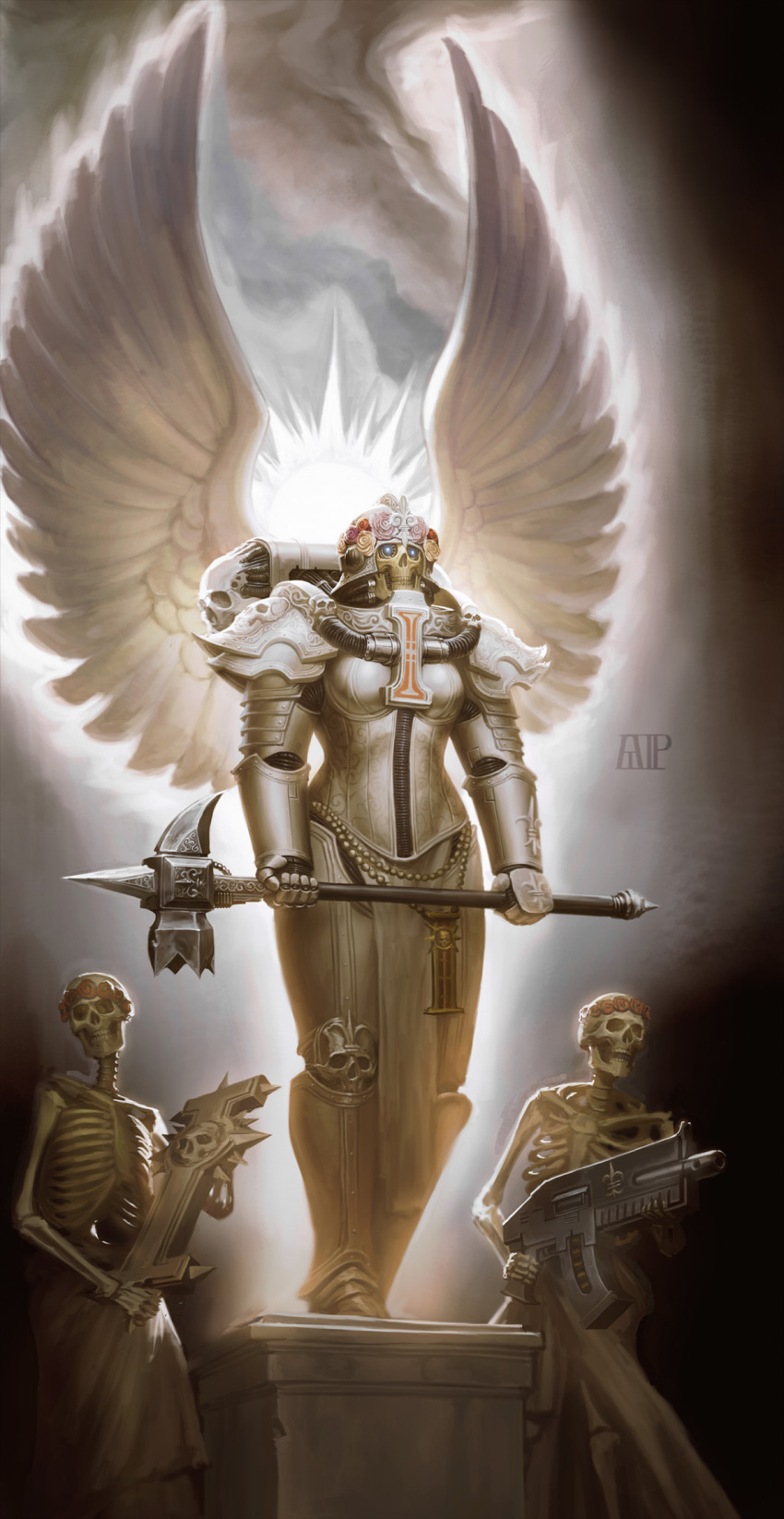 3girls adepta_sororitas angel_wings armor bolter elijah_arhpriest full_armor gun head_wreath helmet highres living_saint multiple_girls pelvic_curtain skeleton skirt war_hammer warhammer_40k watermark weapon white_skirt wings