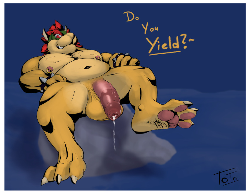 absurd_res anthro balls big_balls big_penis bodily_fluids bowser bracelet chubby_belly claws cum feet flaccid foot_fetish foot_focus foreskin genital_fluids genitals grin hi_res horn jewelry koopa looking_at_viewer male mario_bros muscular muscular_anthro nintendo nipple_piercing nipples nude overweight pawpads penis piercing precum saggy_balls scalie smile smug solo spiked_bracelet spikes toe_claws totobun vein veiny_penis video_games wrinkled_feet wrinkled_soles wristband