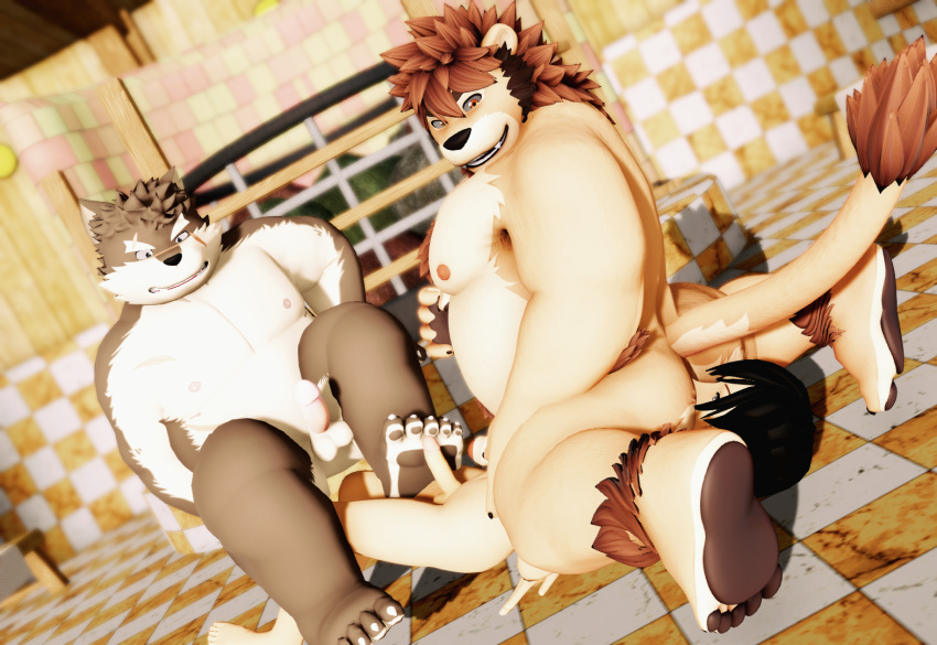 3d_(artwork) anthro balls belly big_butt butt canid canine canis digital_media_(artwork) domestic_dog facesitting feet felid foot_fetish foot_play footjob genitals human human_on_anthro interspecies lifewonders lion male male/male malicekira mammal mmd moritaka nipples overweight overweight_male pantherine pawpads penis ross_(rossciaco) scar sex slightly_chubby smile tokyo_afterschool_summoners video_games