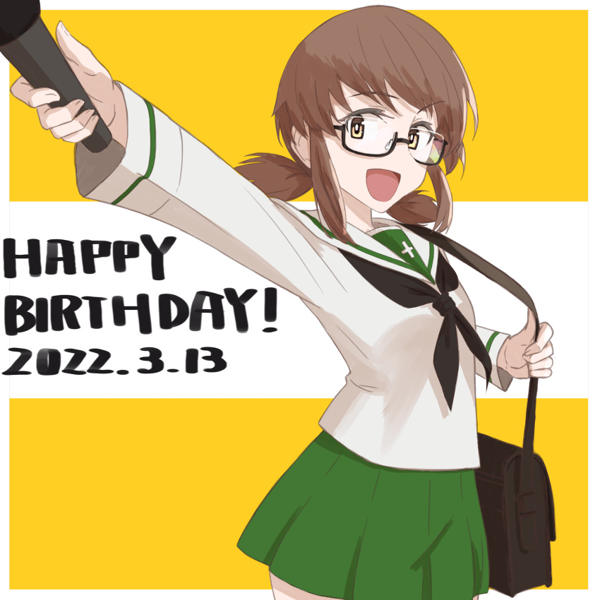 1girl absurdres bag birthday black-framed_eyewear black_neckerchief blouse brown_eyes brown_hair carrying commentary dated english_text girls_und_panzer glasses green_skirt happy_birthday highres holding holding_microphone long_sleeves looking_at_viewer low_twintails microphone miniskirt neckerchief ooarai_school_uniform open_mouth oritako ou_taiga pleated_skirt sailor_collar satchel school_uniform semi-rimless_eyewear serafuku shirt short_hair short_twintails skirt smile solo standing twintails under-rim_eyewear white_sailor_collar white_shirt