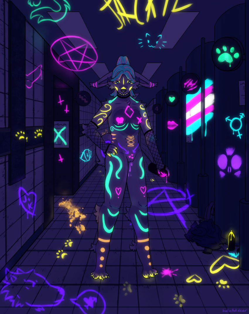 &lt;3 absurd_res anarchy_symbol anthro backpack blue_hair bodypaint breasts butt_print canid canine clothes_on_floor cross darkness digital_media_(artwork) female fishnet fishnet_armwear floor footprint fur genitals glowing glowing_paint graffiti hair hand_on_hip hatofuldeer hi_res inverted_cross lgbt_pride looking_at_viewer mammal nipples paint paint_splatter pawprint pentagram pink_body pink_fur pink_nipples pink_nose ponytail pride_colors punk pussy solo spray_can spray_paint subway tile tile_floor transgender_pride_colors