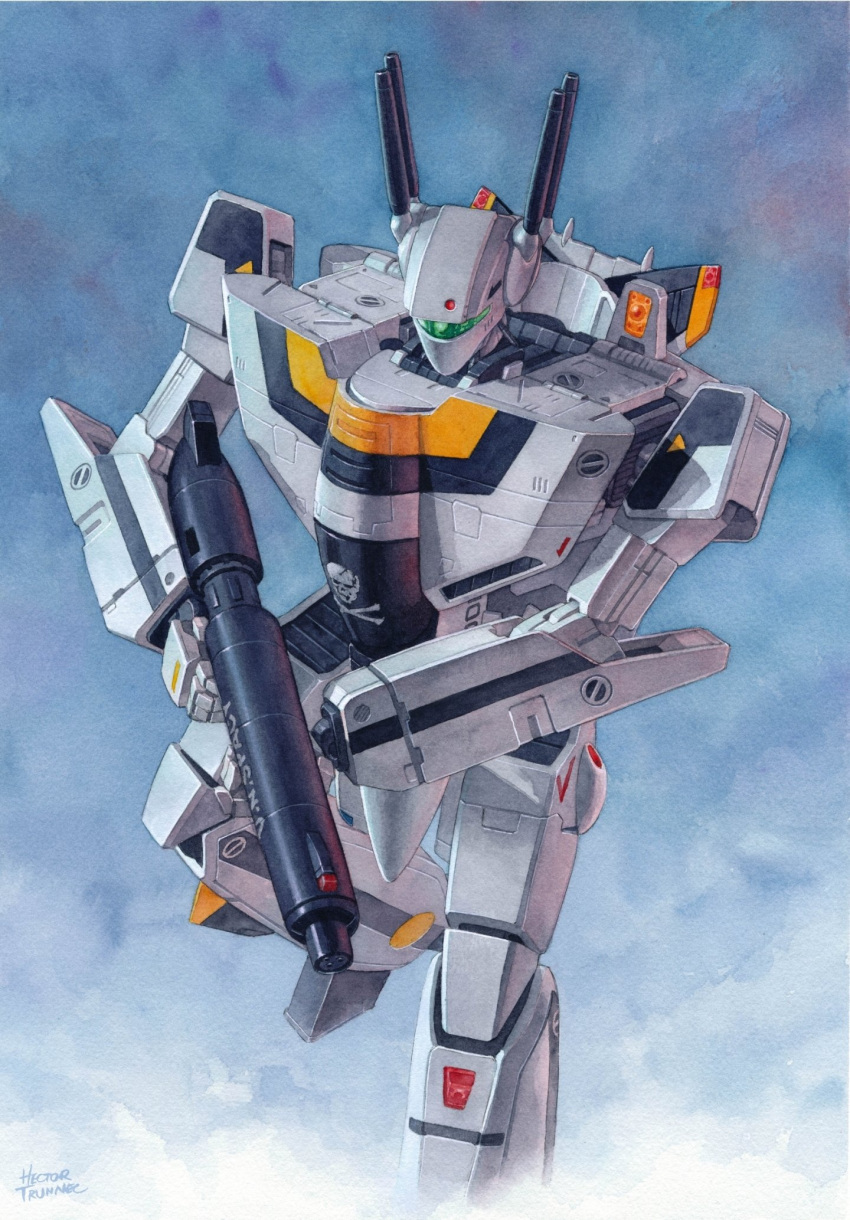 assault_visor choujikuu_yousai_macross english_commentary gun gunpod hector_trunnec highres holding holding_gun holding_weapon looking_down macross mecha no_humans painting_(medium) robot robotech science_fiction solo traditional_media variable_fighter vf-1 vf-1s watercolor_(medium) weapon