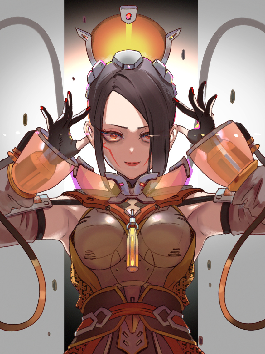 1girl absurdres animification apex_legends armpits bangs black_gloves black_hair bodysuit breasts cable catalyst_(apex_legends) gloves grey_background grey_bodysuit hair_behind_ear highres long_bangs looking_at_viewer medium_breasts official_alternate_costume orange_eyes orange_lips partially_fingerless_gloves short_hair sleeveless_bodysuit smile solo straight-on suns_up_catalyst swept_bangs yoruniyoruyoshi