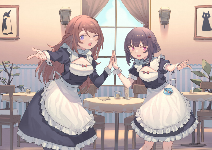 2girls absurdres apron bangs bare_legs black_bow black_dress bow breasts brown_hair candle chair cleavage_cutout clothing_cutout commentary_request commission curtains dress fallenshadow frilled_apron frilled_dress frills glass hair_ornament hand_on_another's_hand highres indie_virtual_youtuber indoors large_breasts lit_candle long_bangs long_dress long_hair long_sleeves looking_at_viewer maid maid_apron maid_cafe medium_hair multiple_girls napkin nina_saotome non-web_source open_mouth peroncho petite picture_frame pink_eyes plant potted_plant purple_eyes red_bow red_hair restaurant sharp_teeth short_sleeves skeb_commission small_breasts table teeth victorian_maid virtual_youtuber wall_lamp white_apron window