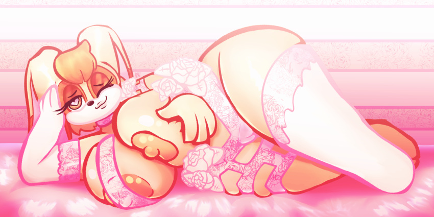 &lt;3 &lt;3_eyes areola bed big_breasts breasts clothing eyelashes footwear furniture hair huge_breasts lagomorph leporid looking_at_viewer lying lying_on_bed mammal nipples on_bed on_side one_eye_closed orange_eyes orange_hair puffylover69 rabbit rabbit_ears sega socks sonic_the_hedgehog_(series) tan_areola tan_body tan_nipples tan_skin thick_thighs vanilla_the_rabbit white_clothing white_footwear white_rose white_socks wink winking_at_viewer