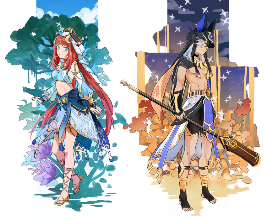 1boy 1girl animal_ears aqua_eyes arabian_clothes bangs blunt_bangs bow closed_mouth cyno_(genshin_impact) forehead_jewel full_body genshin_impact harem_outfit high_heels highres holding holding_polearm holding_weapon kk_(kkgame7733) nilou_(genshin_impact) polearm red_eyes red_hair short_sleeves shorts simple_background skirt sky standing toeless_footwear tree vambraces veil weapon white_background white_hair
