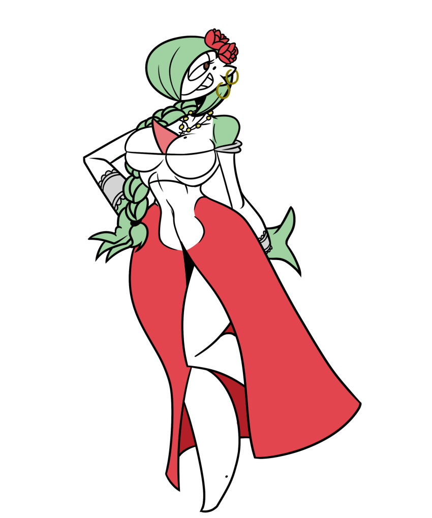 2020 3_fingers accessory beauty_mark big_breasts braided_hair braided_ponytail breasts brown_eyes cleavage clothed clothing ear_piercing ear_ring featureless_feet female fingers flat_colors flower flower_in_hair fujiweeb gardevoir generation_3_pokemon green_hair hair hair_accessory hair_over_eye hand_on_hip hi_res humanoid looking_away mole_under_eye nintendo not_furry one_eye_obstructed piercing plant pokemon pokemon_(species) pose ring_piercing rosary shoulderless_dress simple_background smile smirk soledad_(atomic417) solo video_games white_background