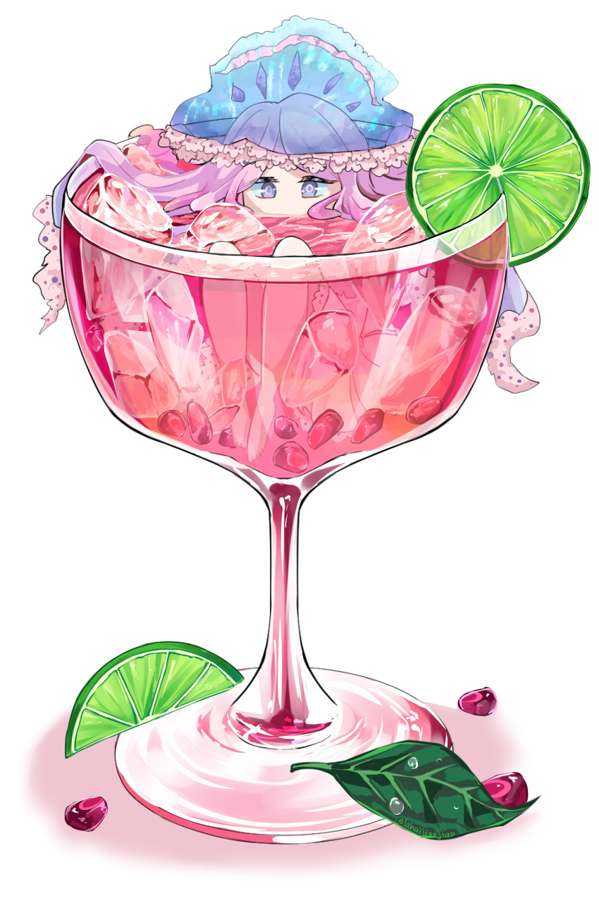 1girl absurdres dress food fruit hat highres ice ice_cube lahaijiaojiao leaf lime_(fruit) long_hair no_nose original personification pink_hair portuguese_man_o'_war purple_eyes shadow simple_background solo white_background white_dress