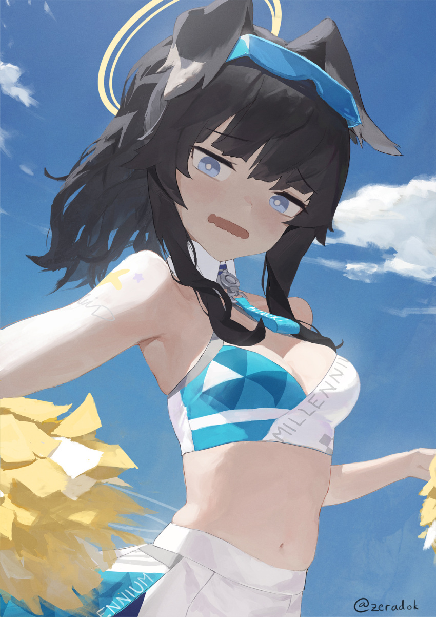 1girl animal_ears bangs bare_shoulders black_hair blue_archive blue_eyes blue_sky breasts cheerleader cloud commentary day dog_ears goggles goggles_on_head halo hibiki_(blue_archive) hibiki_(cheerleader)_(blue_archive) highres long_hair looking_at_viewer medium_breasts open_mouth outdoors pleated_skirt pom_pom_(cheerleading) sidelocks skirt sky solo symbol-only_commentary twitter_username wavy_mouth white_skirt zeradok