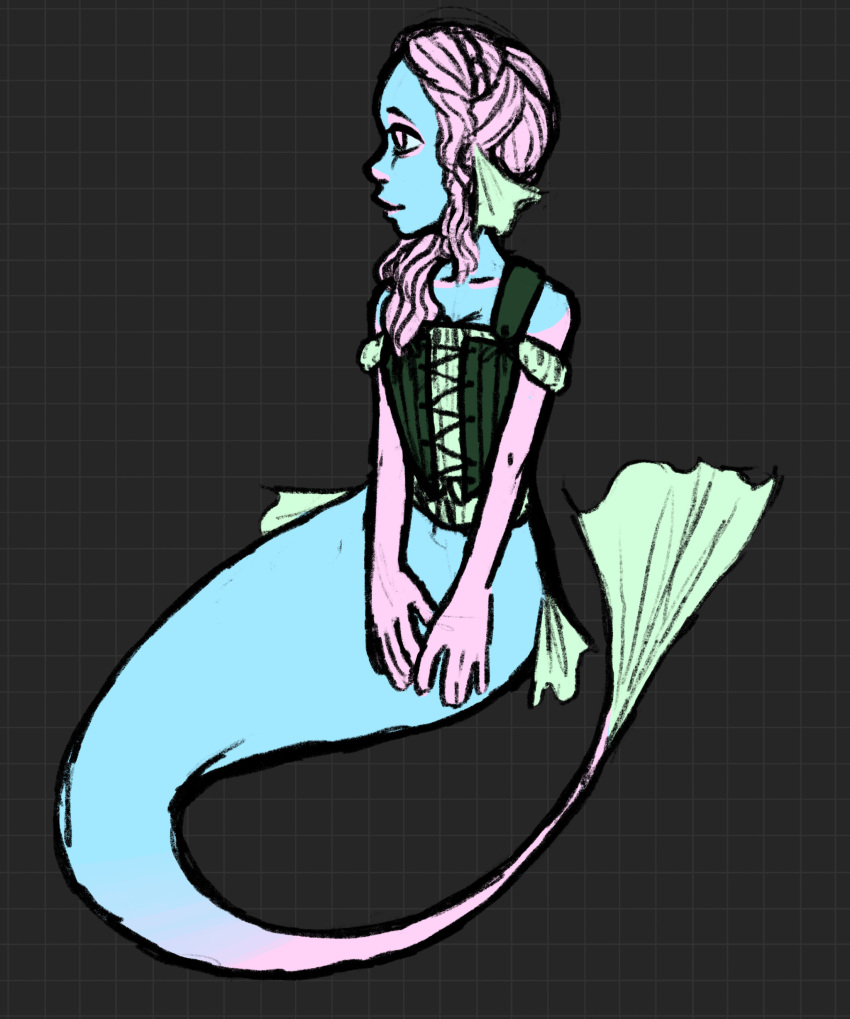 absurd_res bare_shoulders blue_body blue_skin clothing corset dreamscreep ear_fins eye_markings fan_character female fin fish_tail gloves_(marking) green_clothing hair hi_res humanoid lingerie long_hair marine markings merfolk not_furry pink_eyes pink_hair smile solo split_form topwear wavy_hair