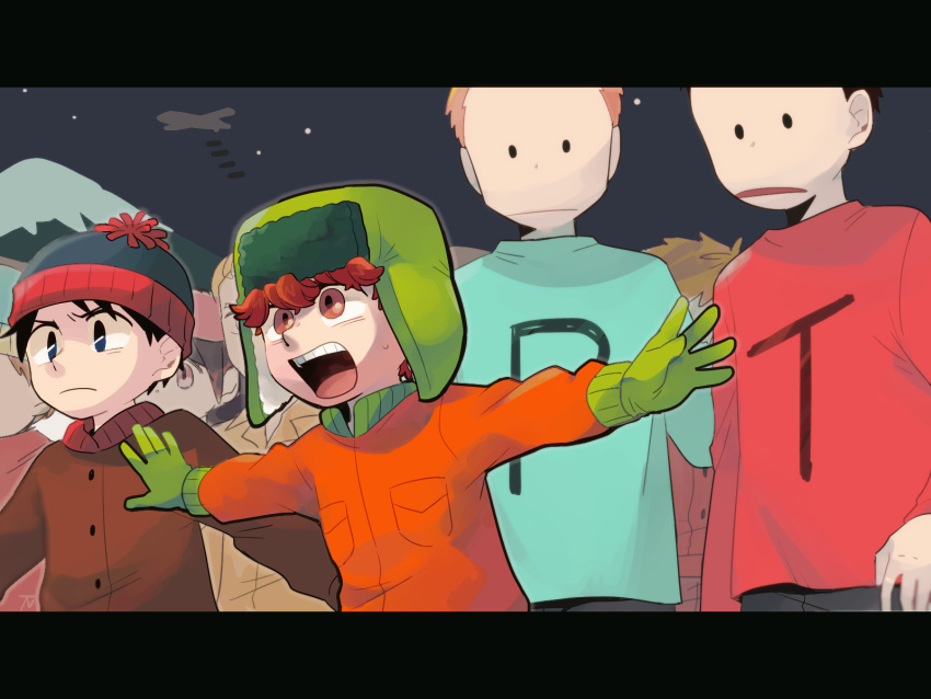 6+boys beanie black_hair blue_eyes blue_shirt brown_eyes brown_hair eric_cartman frown gloves green_gloves hat highres kyle_broflovski letterboxed multiple_boys open_mouth orange_hair outstretched_arms phillip_niles_argyle red_shirt shirt south_park stan_marsh terrance_&amp;_philip terrance_henry_stoot tsunoji winter_clothes