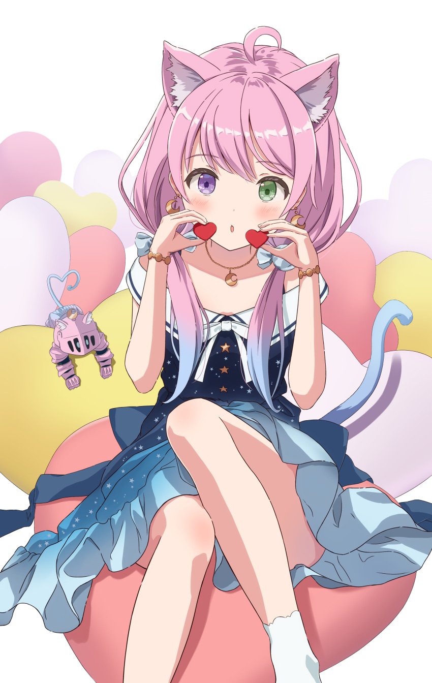 1girl :o absurdres ahoge animal_ear_fluff animal_ears blue_dress blush cat_ears cat_girl cat_tail crescent crescent_earrings crescent_necklace dress earrings gradient_hair green_eyes heterochromia highres himemori_luna hololive jewelry long_hair looking_at_viewer low_twintails luknight_(himemori_luna) medium_dress multicolored_hair necklace off-shoulder_dress off_shoulder open_mouth pink_hair pleio print_dress purple_eyes purple_hair revision sailor_collar sailor_dress sitting socks solo star_(symbol) star_print tail twintails virtual_youtuber white_sailor_collar white_socks
