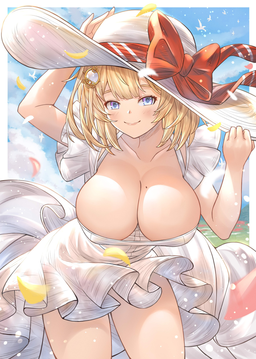 1girl absurdres bent_over blonde_hair blue_eyes breasts cleavage closed_mouth collarbone downblouse dress field hair_ornament hat highres hololive hololive_english honkivampy large_breasts light_blush looking_at_viewer medium_hair mole mole_on_breast monocle_hair_ornament outdoors outside_border petals skindentation sky smile solo sun_hat sundress virtual_youtuber watson_amelia white_dress