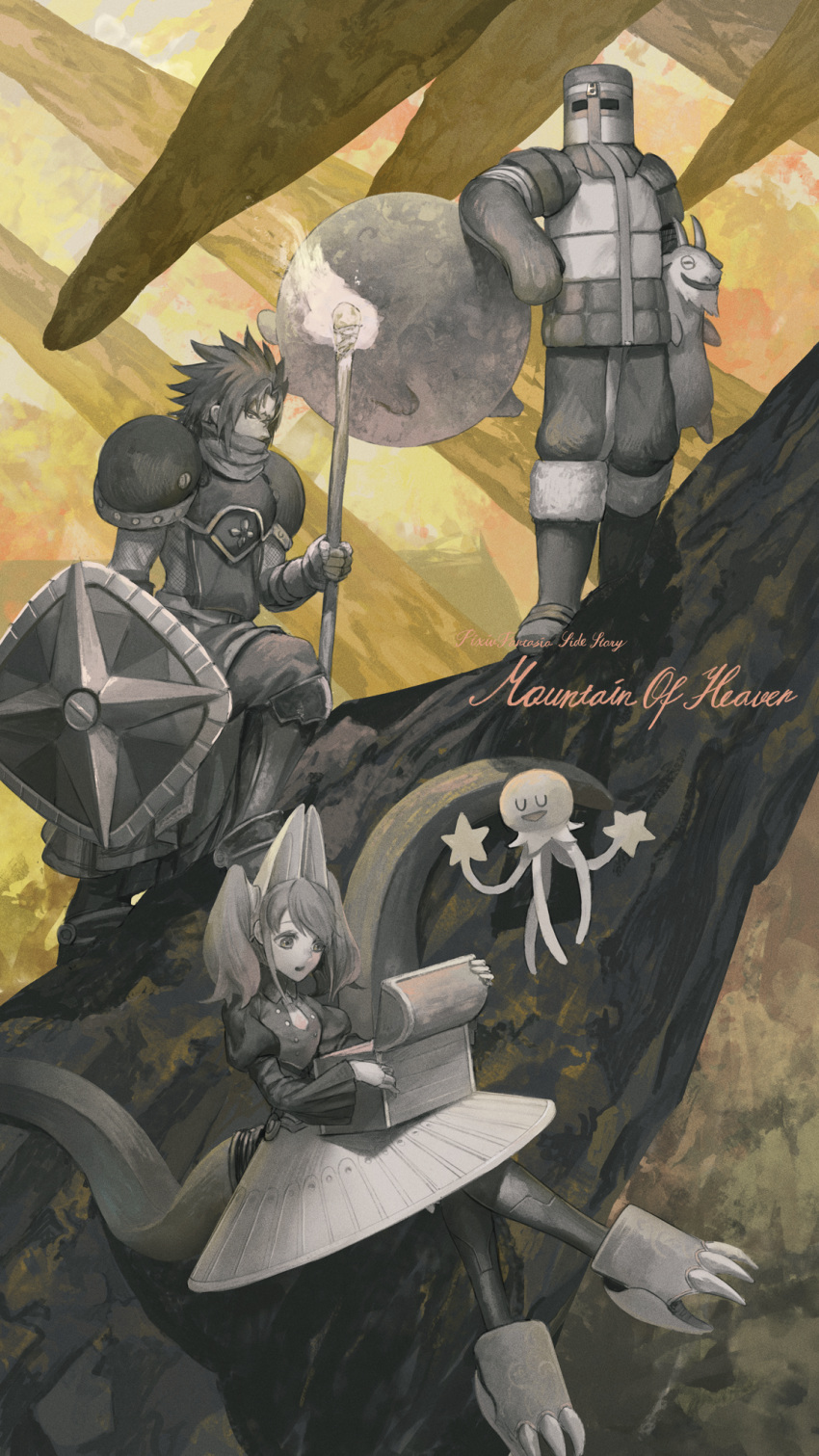 1girl 2boys animal_ears armor boots carrying chainmail coat copyright_name goat helmet highres holding holding_shield inue_(mountain_of_heaven) long_sleeves multiple_boys pixiv_fantasia pixiv_fantasia_mountain_of_heaven puffy_long_sleeves puffy_sleeves rackety scarf shield short_twintails skirt spiked_hair standing tail torch treasure_chest twintails