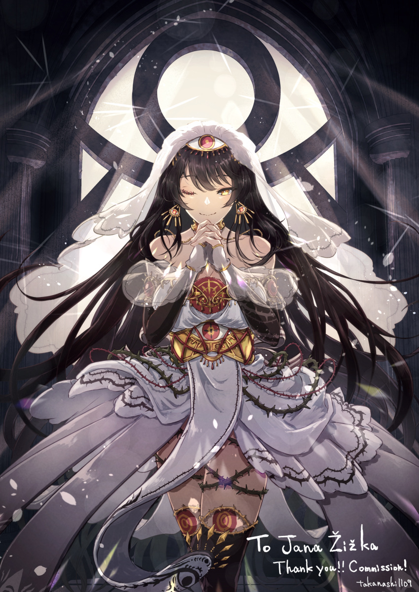 1girl ;) bare_shoulders biditerian black_hair borrowed_character breasts choker cleavage commission dress earrings fingerless_gloves gloves highres indoors jewelry long_hair one_eye_closed original own_hands_clasped own_hands_together see-through skeb_commission smile solo standing sunlight thank_you thorns veil very_long_hair white_dress white_gloves white_headwear yellow_choker yellow_eyes