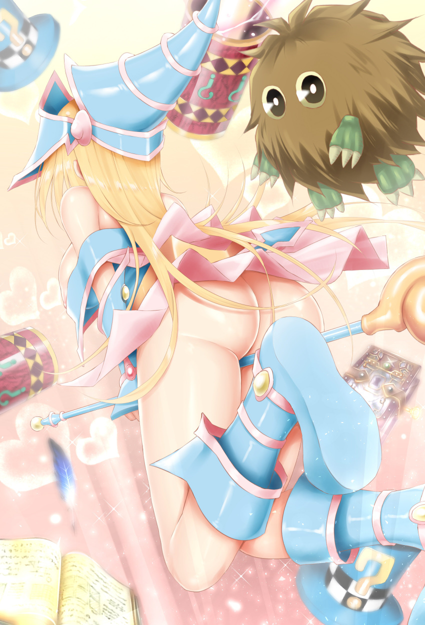 1girl absurdres apron areola_slip ass ass_focus bare_shoulders blonde_hair blue_footwear boots breasts broom broom_riding calcio dark_magician_girl duel_monster facing_away frilled_apron frills from_behind full_body hat highres kuriboh large_breasts legs leotard long_hair no_bra no_panties solo_focus very_long_hair wedgie wizard_hat yu-gi-oh!